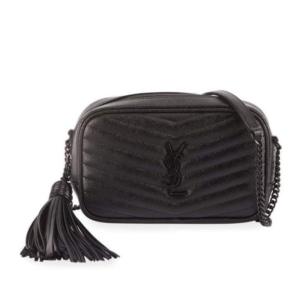 SAINT LAURENT Lou Mini Camera Bag in Grained Quilted Leather with Tassel